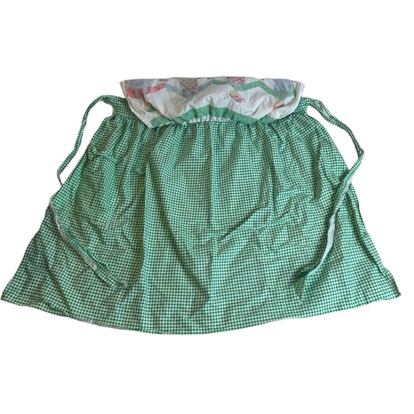 Vintage Half Apron Women Gingham Green Pockets Tie Waist Folk Country Farmhouse - Picture 3 of 6